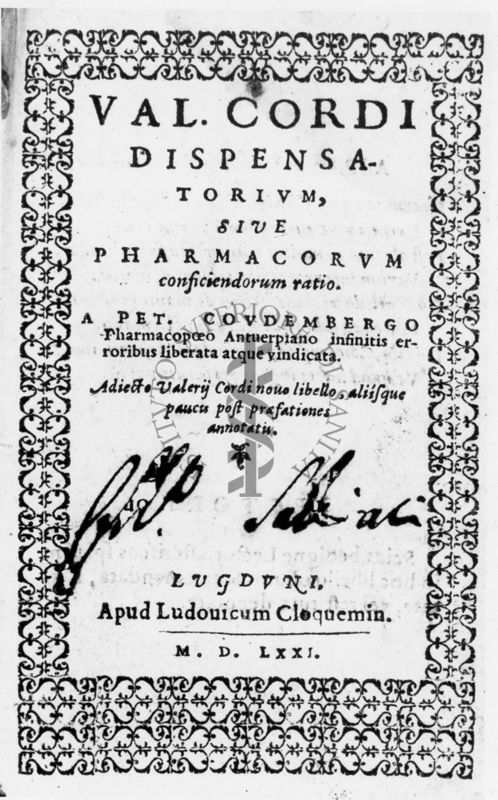 Frontespizio del testo "Val Cordi Dispensa Torium sive Pharmacorum conficiendorum ratio" (1571)