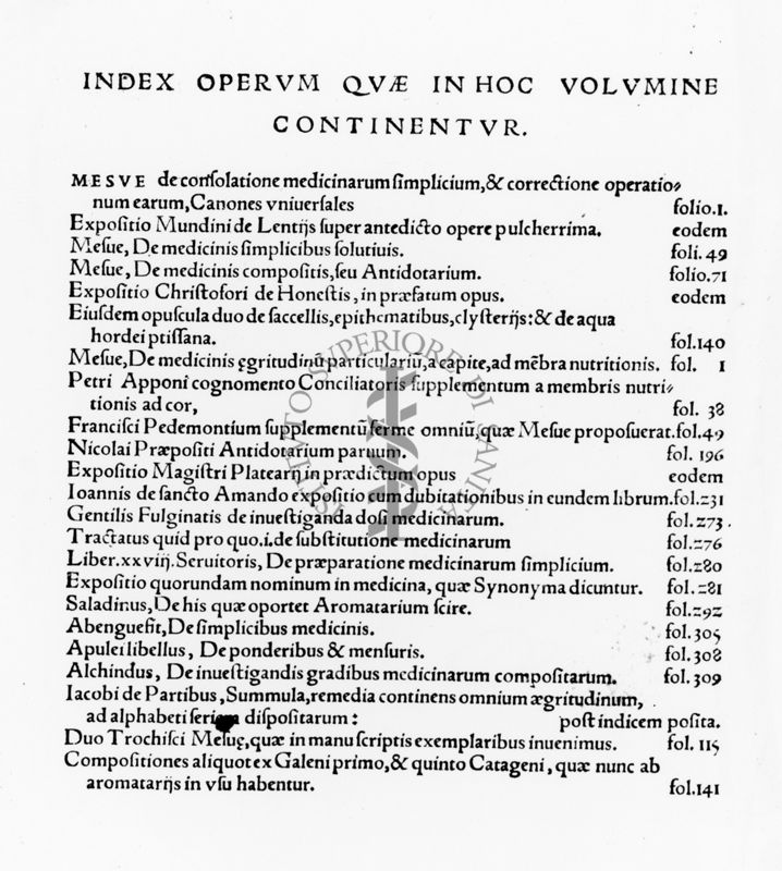 "Index operum que in hoc volumine continentur" tratto dal testo "Opera Divi Ioannis Mesue" (1541)