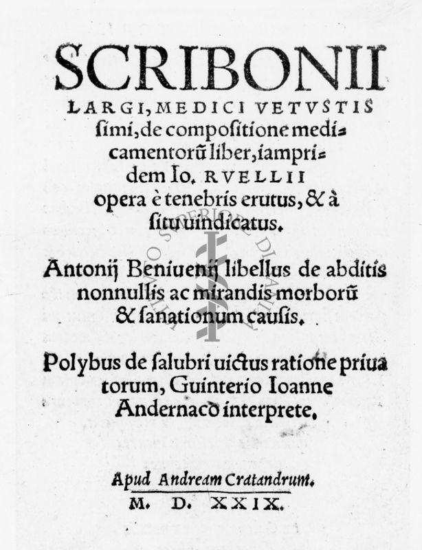 Frontespizio del testo "Scribonii Largi, Medici Vetustis simi, de compositione medicamentorum liber" (1529)