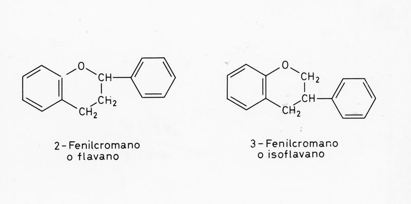 Formule di struttura di 2-Fenilcromano e 3-Fenilcromano o Isoflavano