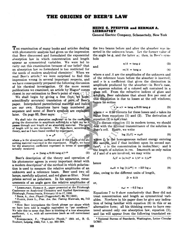 The Origins of Beer's Law - Heinz G. Pfeiffer and Herman A. Liebhafsky - General Electric Company, Schenectady, New York - pag. 123