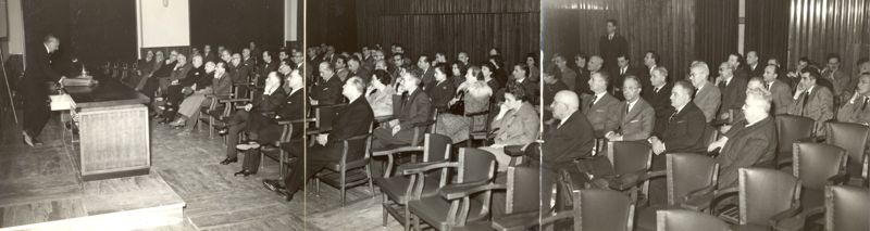 Il Dr. Rudolf Morf a sinistra durante il suo intervento in aula; tra le persone sedute possiamo riconoscere: il Prof. Domenico Marotta, Il Prof. Daniel Bovet, il Prof. Giovanni Battista Marini Bettolo Marconi, la Dr.ssa Anne Beloff-Chain