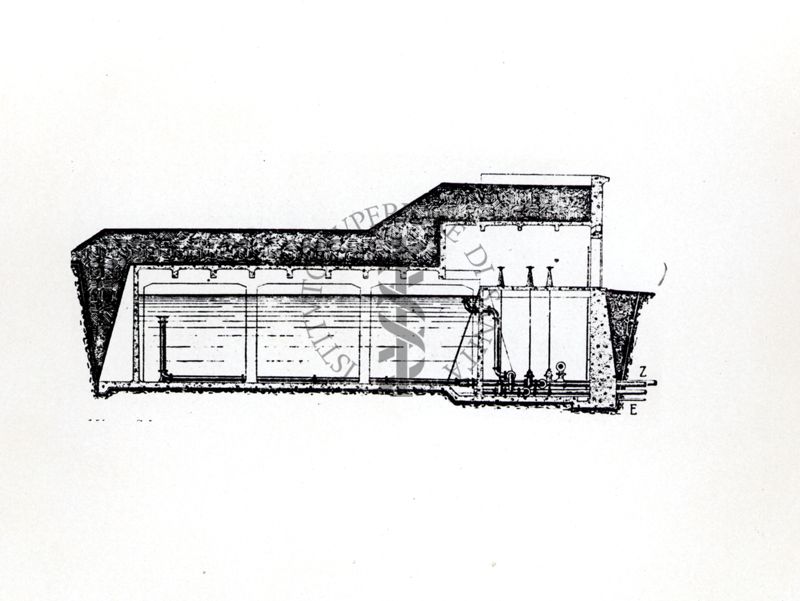 Schema di serbatoio in cemento armato interrato. Sezione verticale "Neri"
