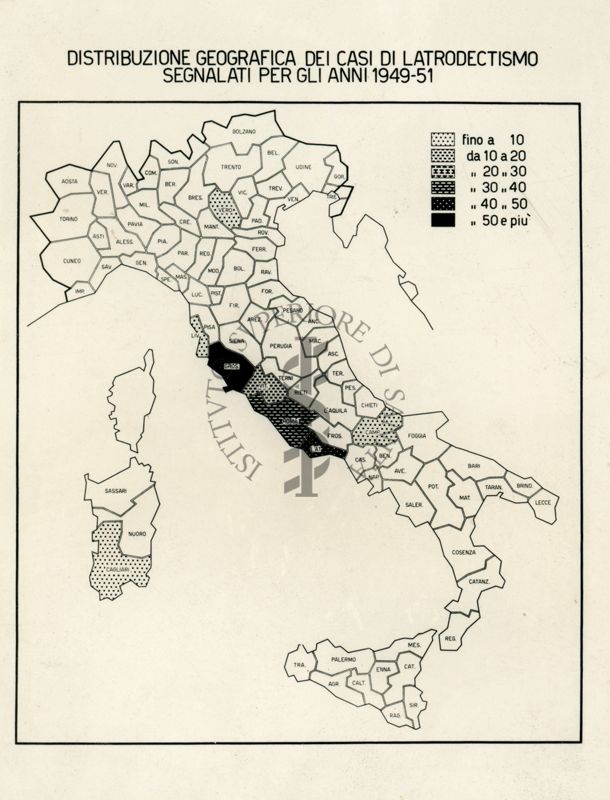 Tav. 91 - Cartogramma riguardante la Distribuzione Geografica dei Casi di Latrodectismo Segnalati per gli Anni 1949-51