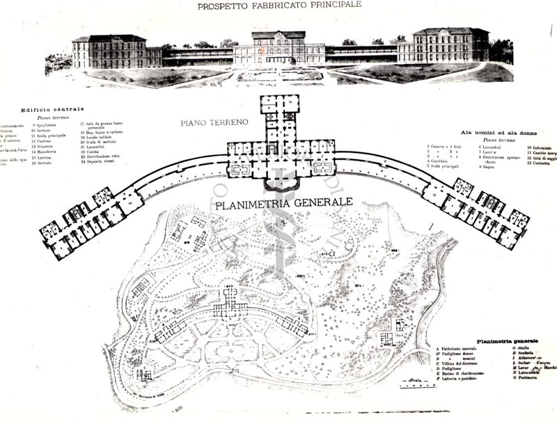 Planimetria generale e prospetto fabbricato principale di un grande sanatorio