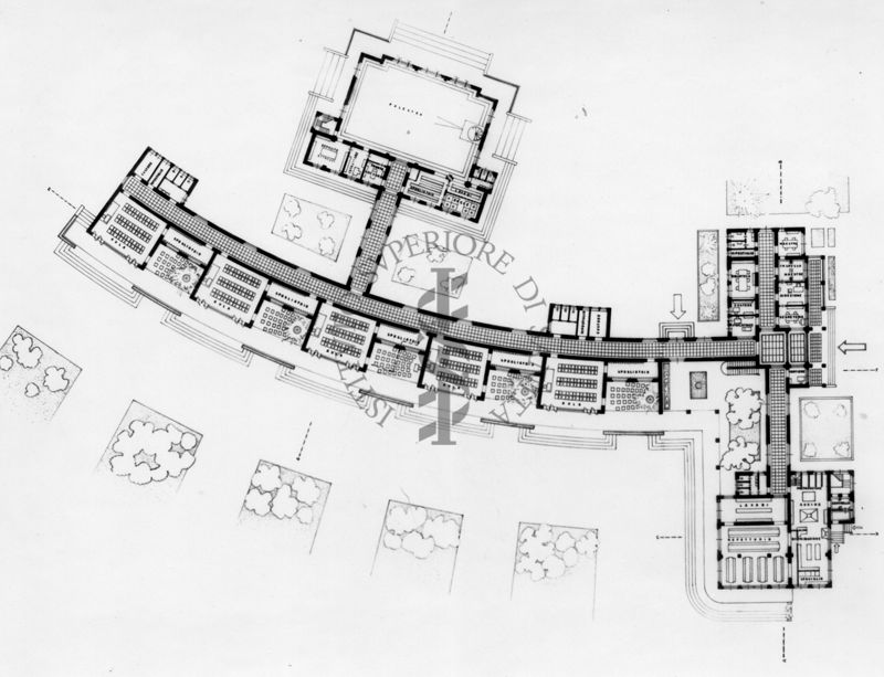 Progetto tipo di scuola elementare all'aperto. Pianta piano terreno