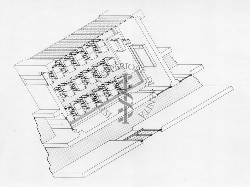 Progetto tipo di scuola elementare all'aperto. Particolare assionometrico di una aula