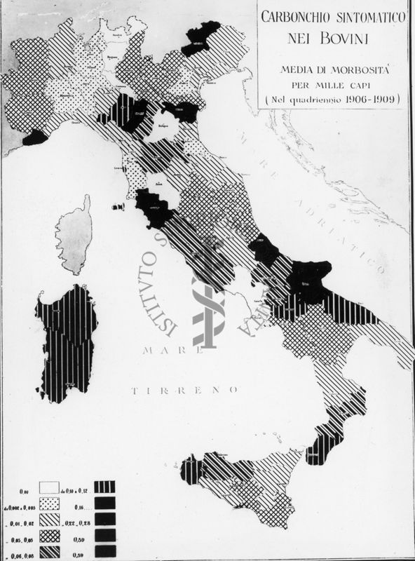 Cartogramma riguardante il Carbonchio sintomatico nei bovini. Media di morbosità per mille capi nel quadriennio 1906-1909