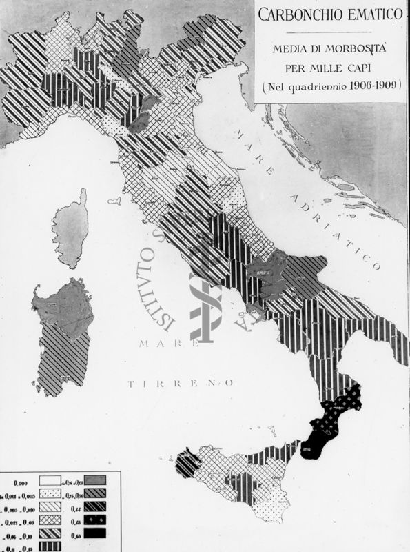 Cartogramma riguardante il Carbonchio ematico. Media di morbosità per mille capi nel quadriennio 1906-1909