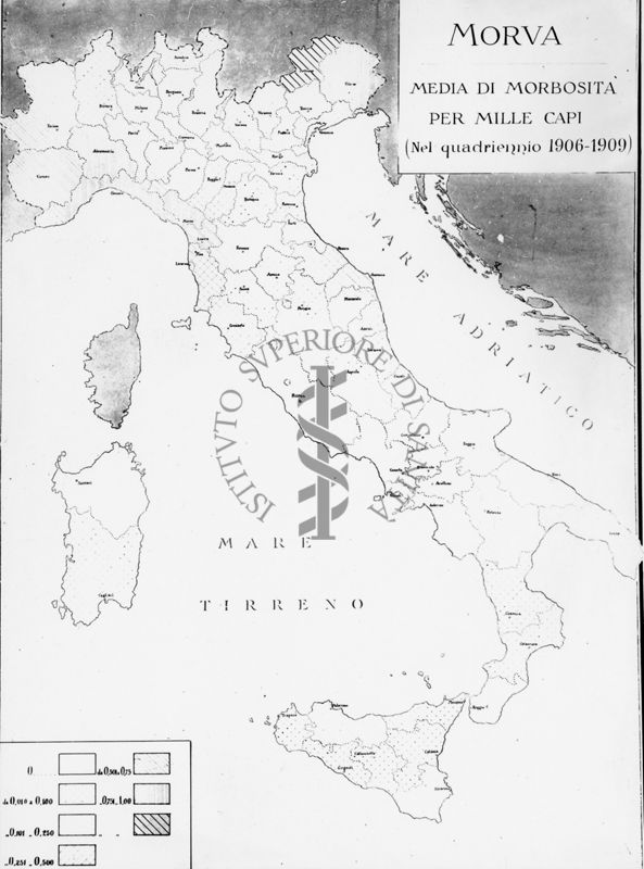 Cartogramma riguardante la Morva. Media di morbosità per mille capi nel quadriennio 1906-1909