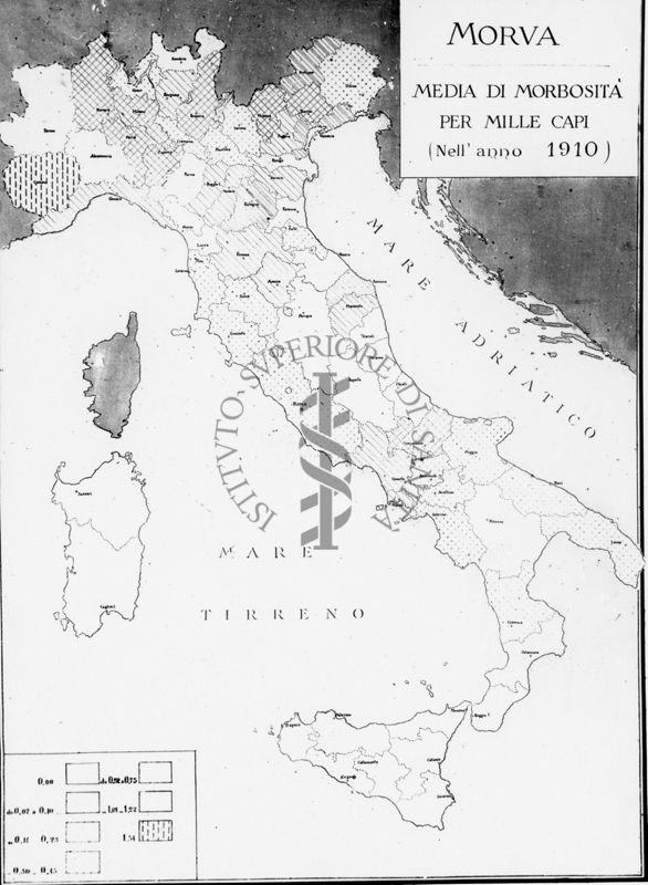 Cartogramma riguardante la Morva. Media di morbosità per mille capi nell'anno 1910