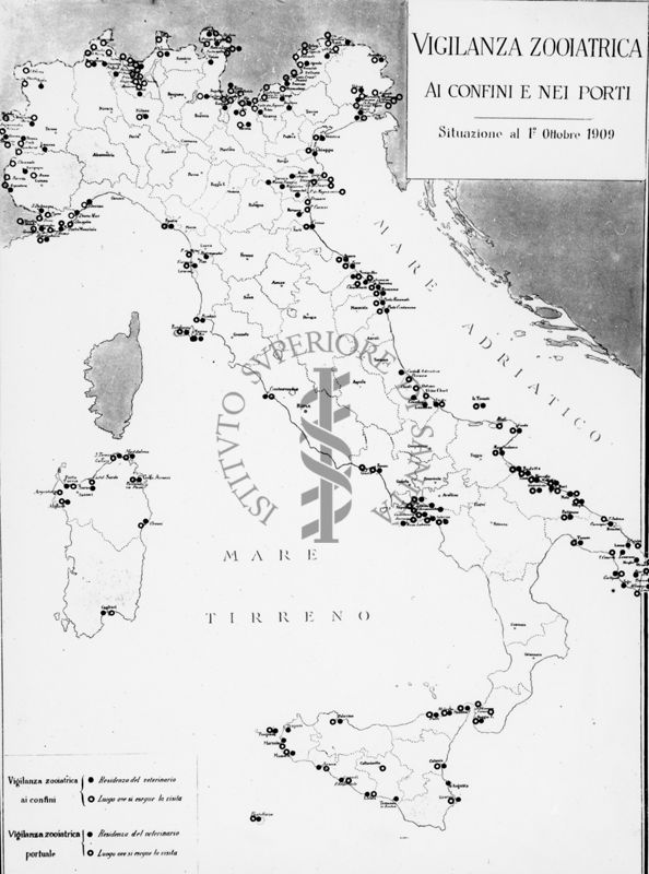 Cartogramma riguardante la vigilanza zooiatrica ai confini e nei porti, Situazione al 1° ottobre 1909