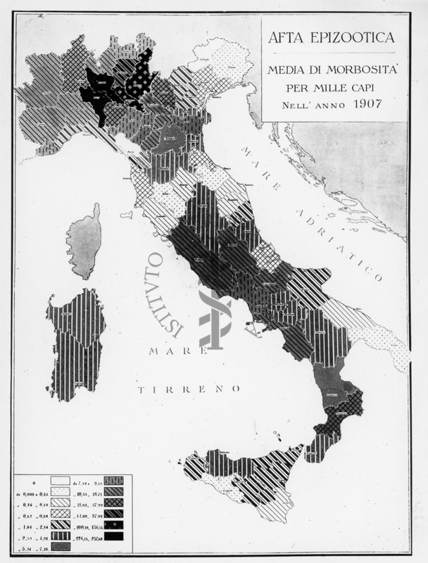 Cartogramma riguardante l'Afta  Epizootica. Media di morbosità per mille capi nell'anno 1907