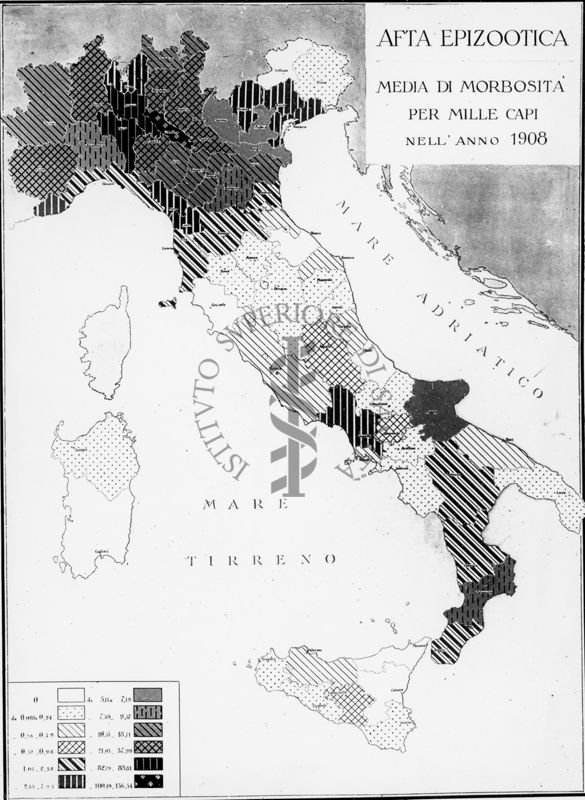 Cartogramma riguardante l'Afta  Epizootica. Media di morbosità per mille capi nell'anno 1908