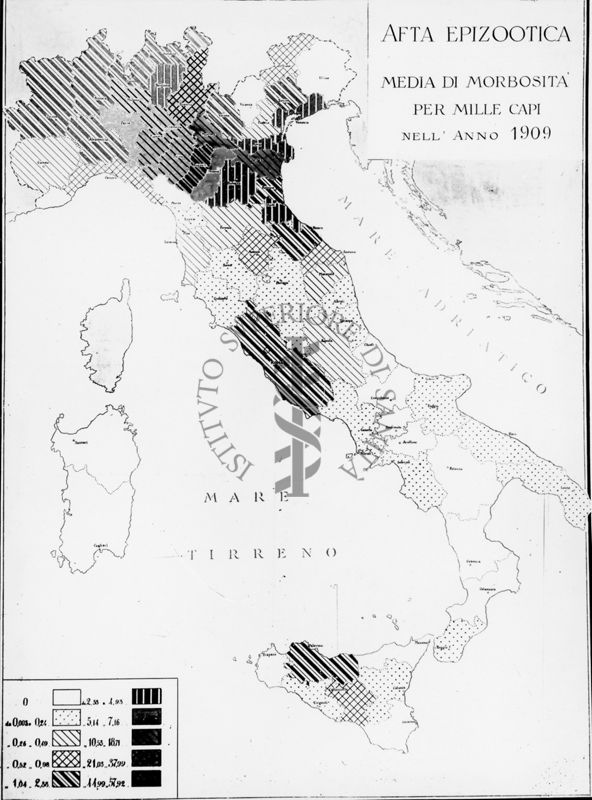 Cartogramma riguardante l'Afta  Epizootica. Media di morbosità per mille capi nell'anno 1909