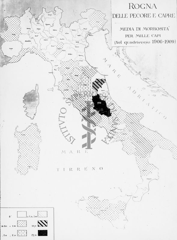 Cartogramma riguardante le Rogna delle pecore e capre. Media di morbosità per mille capi nel quadriennio 1906-1909