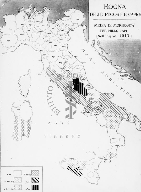 Cartogramma riguardante le Rogna delle pecore e capre. Media di morbosità per mille capi nell'anno 1910