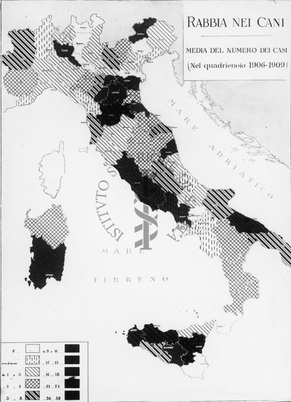 Cartogramma riguardante le Rabbia nei cani. Media del numero dei casi nel quadriennio 1906-1909