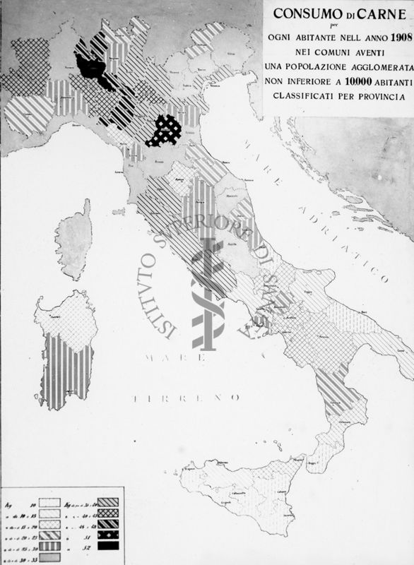 Cartogramma riguardante il consumo di Carbone per ogni abitante nell'anno 1908