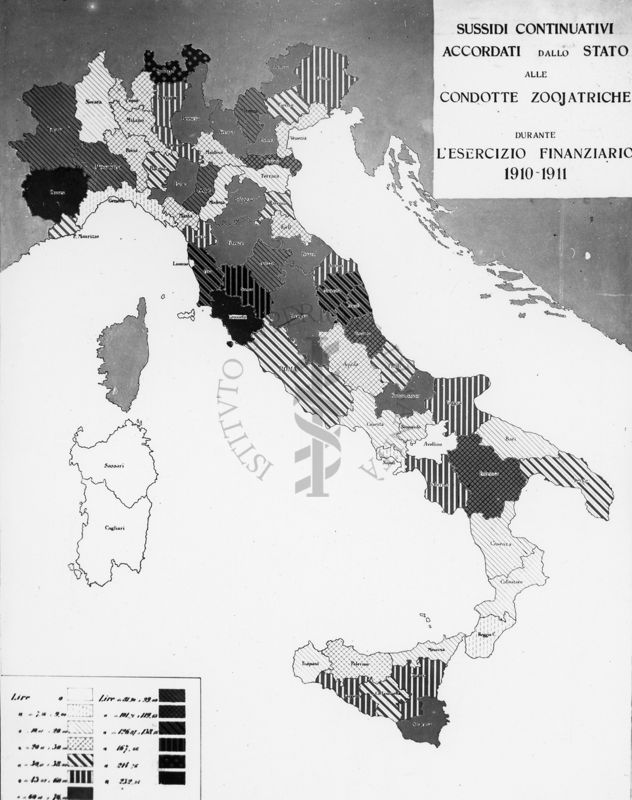 Cartogramma riguardante i sussidi continuativi accordati dallo Stato alle condotte zooiatriche durante l'esercizio finanziario 1910-1911