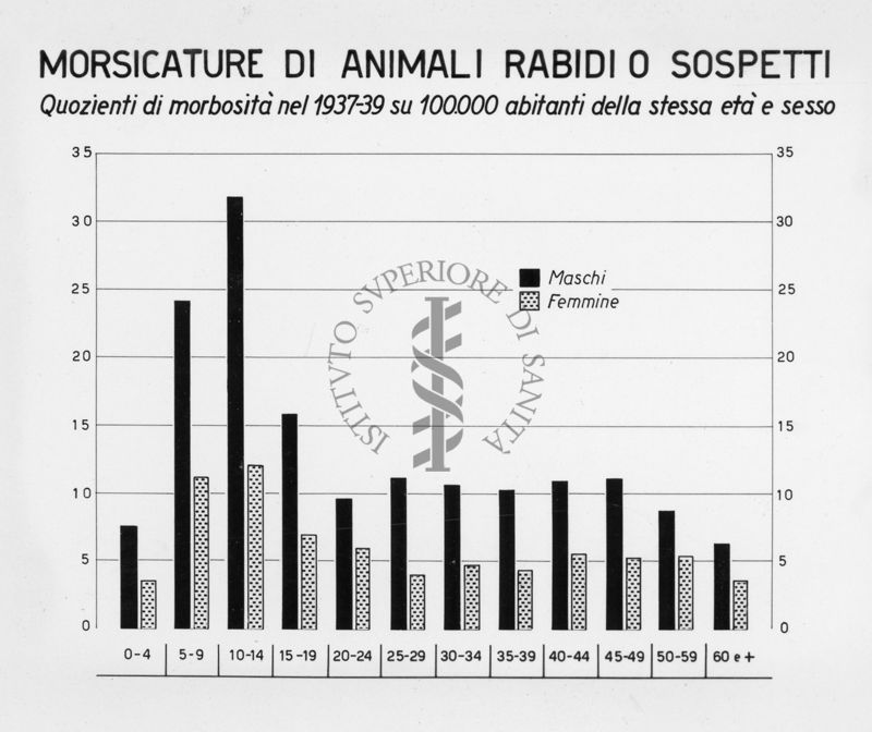 Diagramma riguardante i quozienti di morbosità, per morsicature di animali rabiti o sospetti