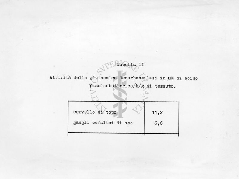 Tabella riguardante la decarbossillasi dell'acido glutamminico nel tessuto nervoso di insetti
