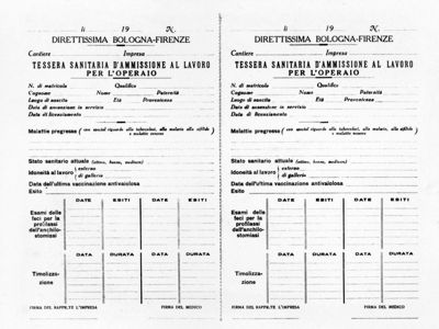 Fax simile della tessera sanitaria d'ammissione nei cantieri della Direttissima Firenze-Bologna