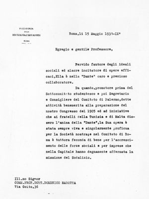 Fax simile di lettera di S.E. Boselli al Prof. D. Marotta; Direttore dell'Istituto di Sanità Pubblica
