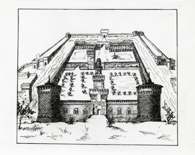 Riproduzione da disegno del Castello Sforzesco di Milano. Ricostruzione da stampa antica di Sandra Murandi