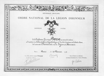 Diploma di onorificenza del Prof. Giuseppe Penso