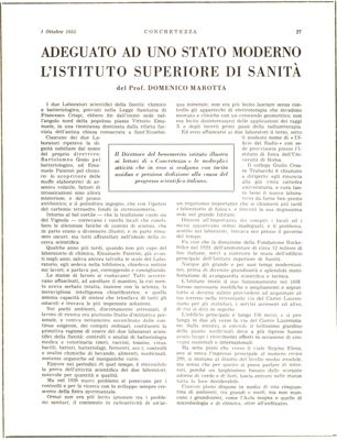 Articolo sull'Istituto Superiore di Sanità "Adeguato ad uno stato Moderno l'Istituto Superiore di Sanità