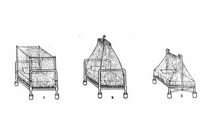 Vari tipi di zanzariere; 1 e 2 per letti comuni; 3 per letto da campo