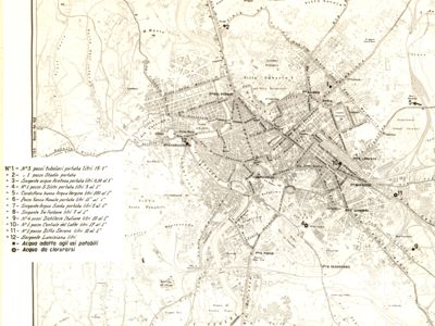 Carta topografica di Roma, con segnalazioni di sorgenti di acque