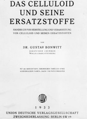 Frontespizio libro: "Das celluloid und seine ersatzstoffe" di Dr. Gustav Bonwitt (1933)