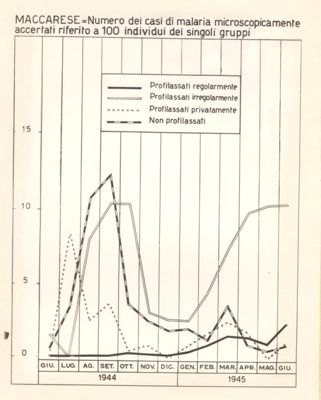 Diagrammi riguardanti il numero di casi di malaria microscopicamente accertati, riferiti a 100 individui a Maccerese, 1944-45