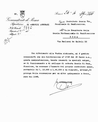 Lettera del Governatore di Roma al Presidente della Scuola di Panificazione
