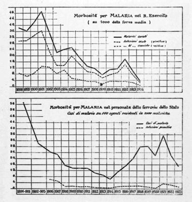 Diagramma riguardante la mortalità per malaria nel Regio Esercito e tra il personale delle Ferrovie dello Stato (F.F.S.S.)