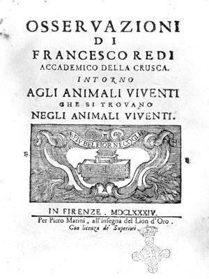 Frontespizio del libro di Francesco Redi