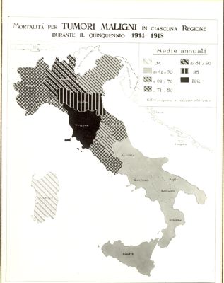 Cartogrammi riguardanti la mortalità per tumori maligni in Italia dal 1887 al 1918