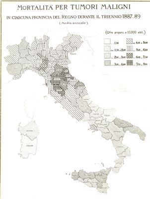 Cartogramma riguardante la mortalità per tumori maligni in ciascuna provincia del Regno durante il triennio 1887-1889