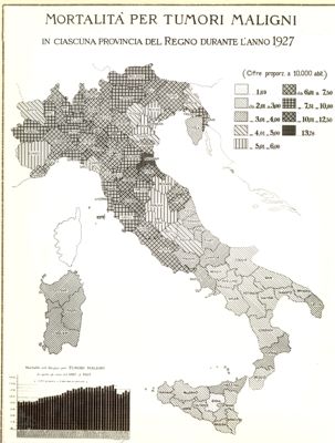 Cartogramma riguardante la mortalità per tumori maligni in ciascuna provincia del Regno durante l'anno 1927