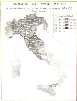 Cartogramma riguardante la mortalità per tumori maligni in ciascuna provincia del Regno durante il triennio 1931- 33