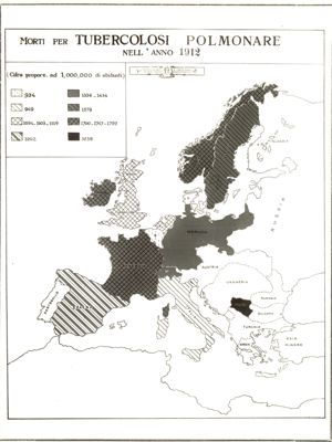 Cartogramma riguardante i morti per tubercolosi polmonare nell'anno 1912