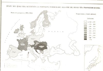 Carta d'Europa riguardante gli Stati nei quali era accertata la mortalità tubercolare alla fine del secondo XIX e proporzioni di essa.