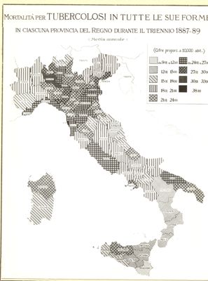 Cartogramma riguardante la mortalità per tubercolosi in tutte le sue Forme in ciascuna provincia del Regno durante il triennio 1887 - 1889