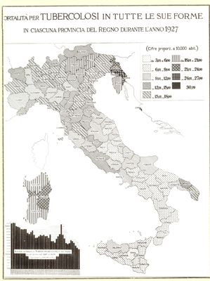 Cartogramma riguardante la mortalità per tubercolosi in tutte le sue forme in ciascuna provincia del Regno durante l'anno 1927