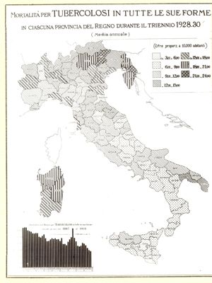 Mortalità per tubercolosi in tutte le sue forme in ciascuna provincia del Regno durante il triennio 1928 - 30