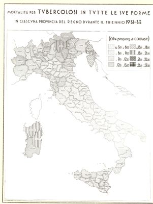 Cartogramma riguardante la mortalità per tubercolosi in tutte le sue forme in ciascuna provincia del regno durante il triennio 1931 - 33