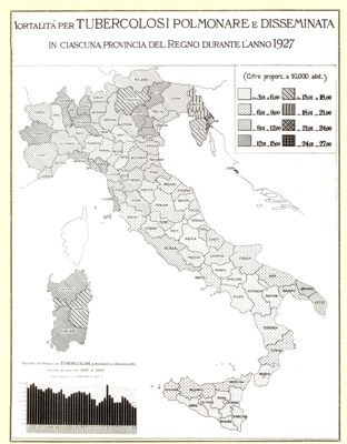 Cartogramma riguardante la mortalità per tubercolosi polmonare e disseminata in ciascuna provincia durante l'anno 1927