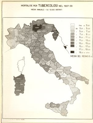 Cartogramma riguardante la mortalità per tubercolosi nel periodo 1937 - 39